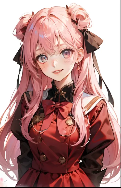 girl with、Background white、without background、Pink hair、The long-haired、with blush cheeks、Embarrassing、student clothes、Red uniform、frilld、bow ribbon、Smiling、kawaii、Background with