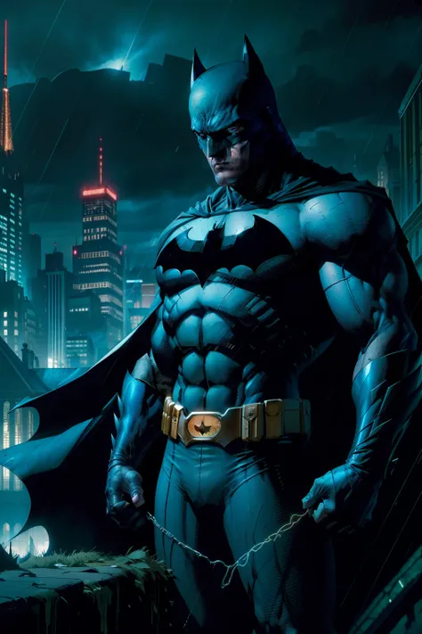 Certainly, heres the prompt translated into English:

"Vividly describe the moment when Batman confronts his deepest fears and the complex of his parents death. He stands on a rainy night, on the edge of a cliff, gazing at Gotham City in the distance. Rain...