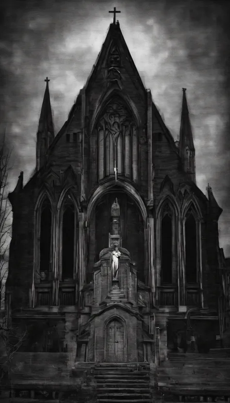 Dimly lit church，There is a Virgin，A crack appeared in the body of the Virgin，Inside is modern machinery，There is light on the head of the Virgin