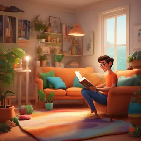 fundo branco, pixar desenhos animados 3D, homem lendo um livro, ::estilo pixar cartoon