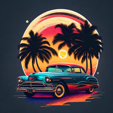 illustration logo style of a fancy classic car, full moon, palms , bright colors, high definition, fine details, pro vector