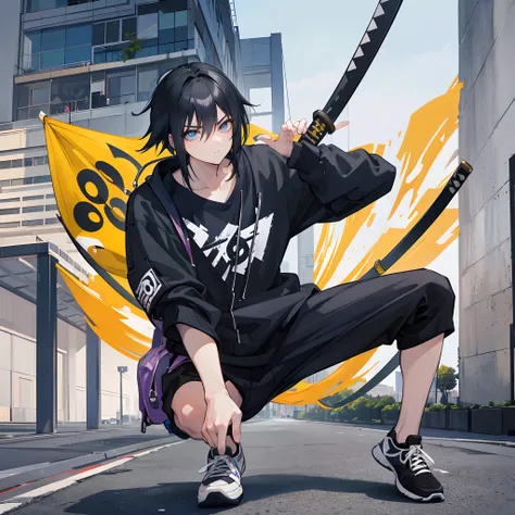 1 Homem, com uma mochila, black pant, tenis, cabelo preto, cabelo curto, sneaker, anime, 2D, com uma katana, andando no parque, fundo realista, personagem baseado em NARUTO,ultra realismo, Naruto Reference