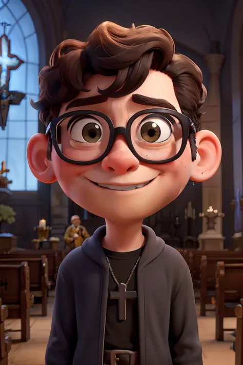 Disney Pixar photo of bald boy in black glasses in front of a Catholic church holding a rosary in his hand