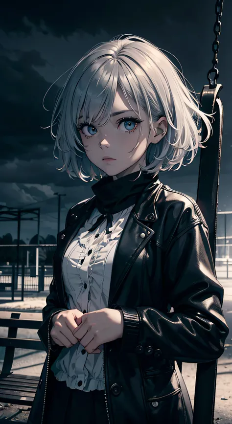 (ultra-detailed,r),(best quality,4k,highres,masterpiece:1.2),horror,serius anime girl,black jacket,in a park,dark colored atmosphere,moonlight,ominous shadows,glowing eyes,detailed facial expression,loneliness,strong determination,powerful aura,park bench,...