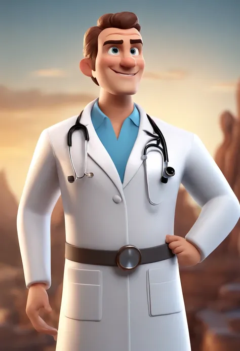 Cartoon character of a man wearing a doctors lab coat, sorrindo, olhos pequenos e castanhos, cabelo curtinho quase raspado e grisalho, um personagem animado, Caractere estilizado, animation style rendering, 3D estilizado, Arnold Maya render, 3 d render sty...