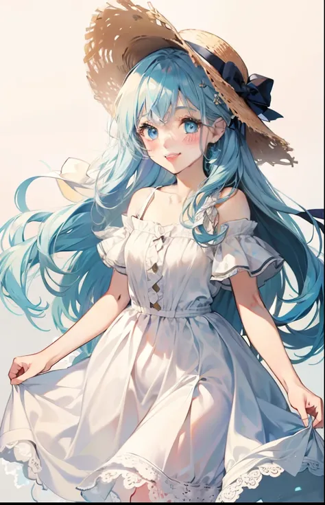 girl with、Background white、without background、Light blue hair、The long-haired、with blush cheeks、Embarrassing、White Dress、a straw fedora hat、frilld、bow ribbon、Smiling、kawaii、childish、Background with