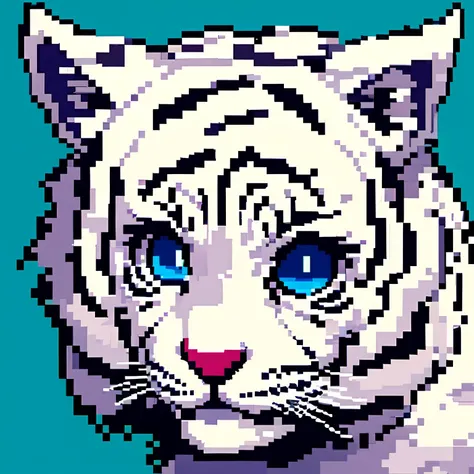 Pixel art, Masterpiece, pix, 1 tiger, white tiger, blue eyes, detailed fur, cute, Face only, fangs, Anime style, Cute, Simple background, Contrast background