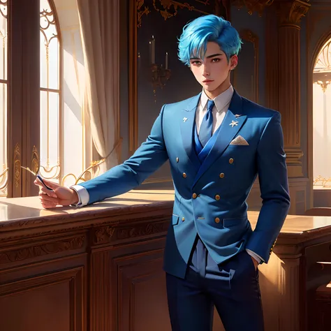 A young man with a blue outfit and light blue hair who looks like a prince