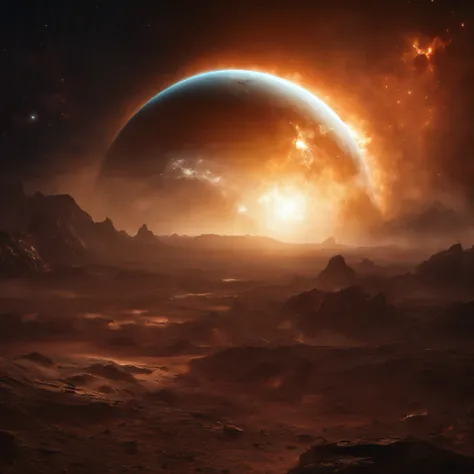 Best Quality, hight resolution, destroyed planet,space view,dark background,explosion debris,flying rocks,cracked surface,cosmic dust,fiery remnants,apocalyptic atmosphere,galaxy in distance,star-filled sky,cosmic devastation,otherworldly destruction,spect...