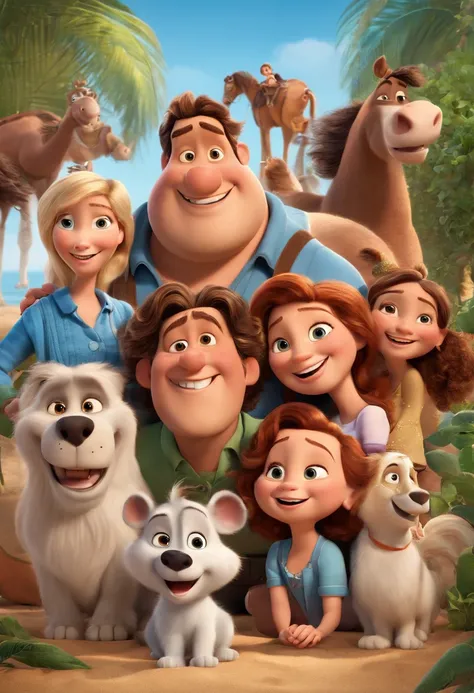 a Disney Pixar movie poster showing a white-skinned family. The father is the tallest, Tem barba curta, loiro, cabelos curtos e espinhosos. The mother has brown eyes and hair, shoulder-length and is slightly overweight. A menina tem 4 anos e cabelos castan...