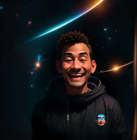 A photo of a person in front of him in an all-black outfit and a burrow wrapped in laughter and his face tanned with a black stain and in the background a pixar-style space