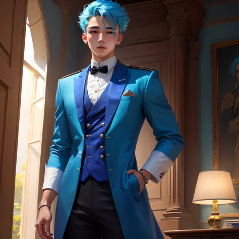 A young man with a blue outfit and light blue hair who looks like a prince