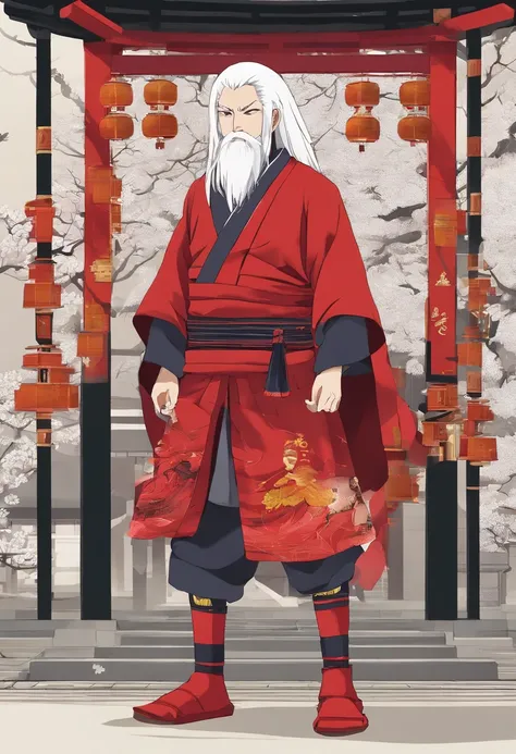 Jiraiya era um homem alto, de barba e com cabelo branco espetado normalmente amarrado em um rabo de cavalo, com dois golpes na altura dos ombros que emolduravam os dois lados de seu rosto. He also had red lines that ran from his eyes, e usava um protetor d...