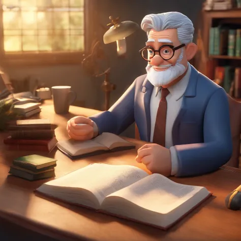 Crie um cartaz inspirado na Disney Pixar com o personagem sendo o pastor Rubens Janier, A gray-haired man wearing glasses, in an office with a Bible on the table