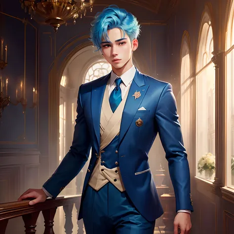 A young man with a blue outfit and light blue hair who looks like a prince