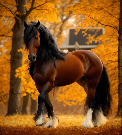 Friesian horse long black hair standing in a field with trees in autumn , Cavalo bonito, crina e cauda fluindo, longa, j Cavalos majestosos, Beautiful!!!, Cavalo sereno bonito, imagem hiper-realista foto realista