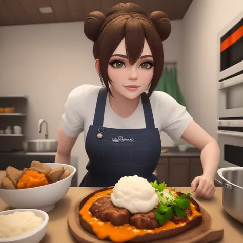 Personagem inspirada na pixa 3d de uma mulher branca de cabelos castanhos escuros, com olhos verdes vestida de cheff segurando uma cebola na mao direita e uma laranja na mao esquerda, no cenario uma cozinha e um fogao com um caldeirao cozinhando feijao pre...