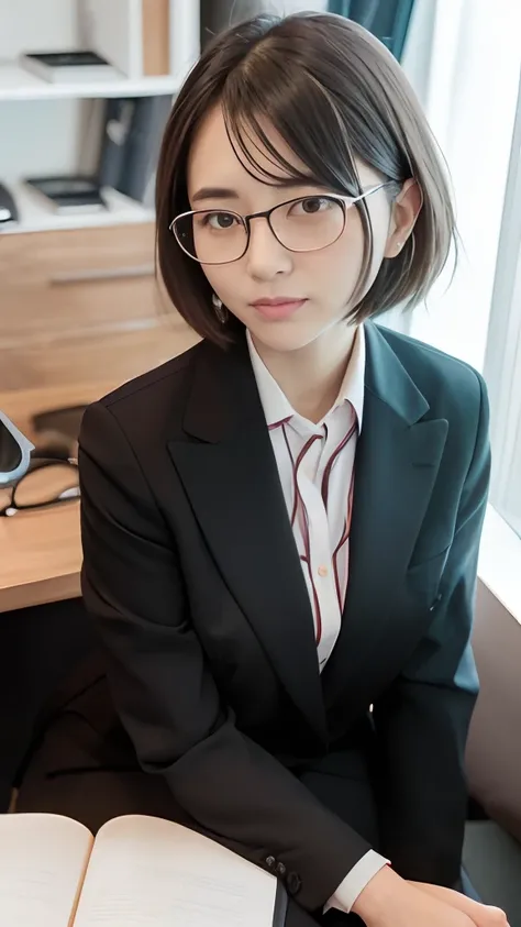 there is a woman sitting on a desk with a laptop, 奈良美智, with glasses, wearing a suit and glasses, with glasses on, wearing thin large round glasses, deayami kojima, chiho, Ayami Kojima Amano, in suit with black glasses, with black eyeglasses, wearing small...