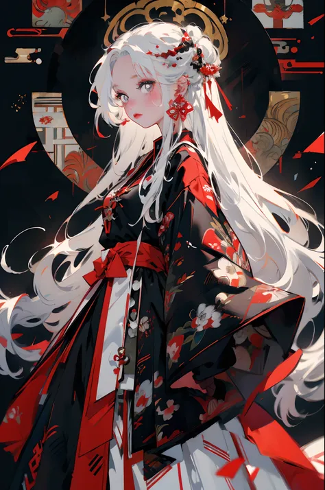 anime girl with long white hair and red and black dress, white-haired god, guviz, white haired cangcang, white-haired, girl with...