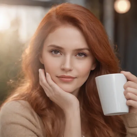 Gree redhead wearing a beige sweater (Holding a cup of coffee in a modern café at sunset), Very detailed, 41 anos, rosto inocente, cabelos cacheados naturais, olhos azuis, high resolution, master part, best quality, detalhes intrincados, altamente detalhad...