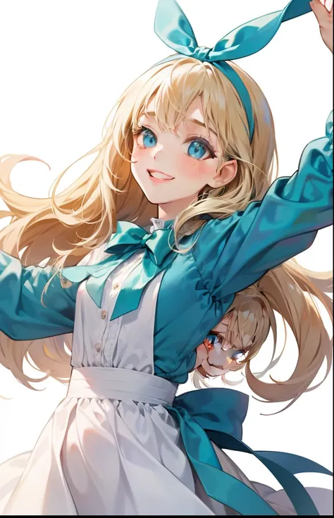 girl with、Background white、without background、a blond、The long-haired、with blush cheeks、White and light blue dress、streching、frilld、bow ribbon、Smiling、Alice in Wonderland、kawaii、White background