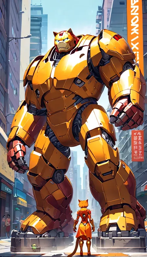 (((A Mecca of giant cat robots inspired by Hulkbuster, orange colors: 1.5))) (blind box toy style:1.2), (Full body shot), Cute transparent robot cat in the street, Transparent Mech, Glasses:1.2, Cyberpunk, Dreamy glow, bright neon lights, clean, White back...