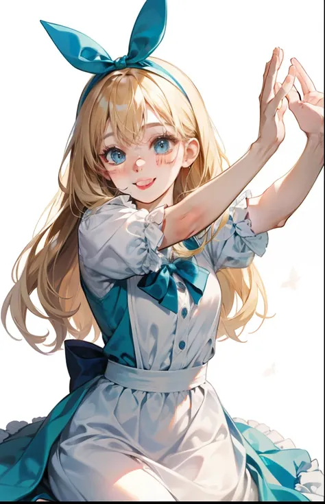 girl with、Background white、without background、a blond、The long-haired、with blush cheeks、White and light blue dress、streching、frilld、bow ribbon、Smiling、Alice in Wonderland、kawaii、White background