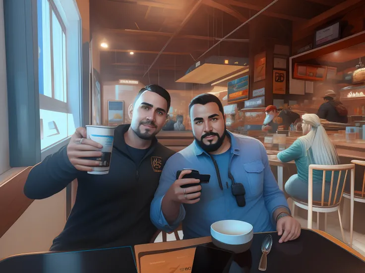 There are two men sitting at a table with a cup of coffee, JoSan Gonzalez e Tyler Edlin, #Oc, # Oc, Genzoman e Frank Franzzeta, Pablo Carpio e Jordan Grimmer, Vitaly Bulgarov e Mike Nash, foto de perfil 1024px, Tiro na Nikon Z9, tirado no iphone 14 pro