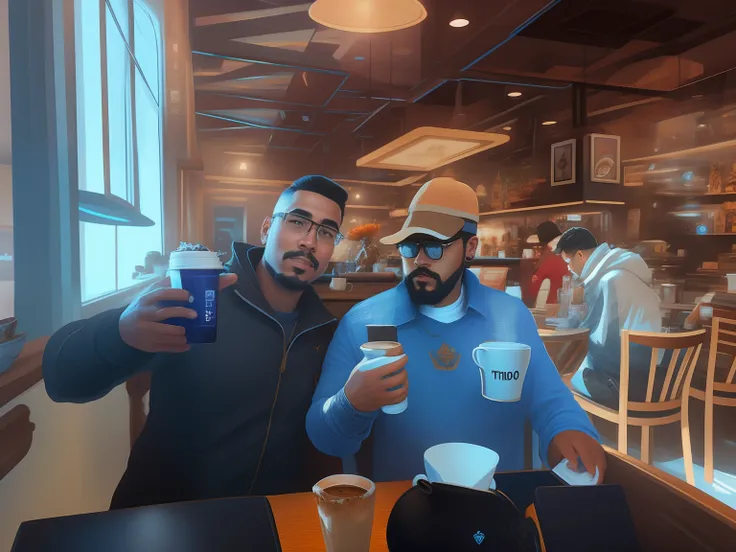 There are two men sitting at a table with a cup of coffee, JoSan Gonzalez e Tyler Edlin, #Oc, # Oc, Genzoman e Frank Franzzeta, Pablo Carpio e Jordan Grimmer, Vitaly Bulgarov e Mike Nash, foto de perfil 1024px, Tiro na Nikon Z9, tirado no iphone 14 pro