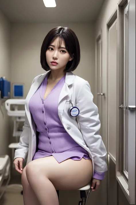 physician, 50 years old, hyperdetailed face, Detailed lips, Detailed eyes, 二重まぶた, Black bob-shaped hair,  ((physicians white coat, Light purple blouse, Brown tight mini skirt)), (Examining a patient in a hospital examination room), ((Glamorous body)), perf...