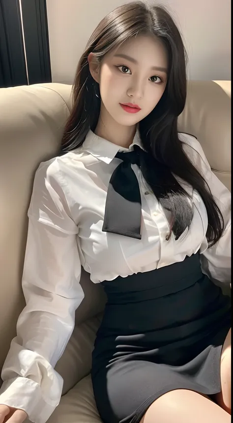 hyper HD，tmasterpiece，Highest high resolution，highest details，lightand shade contrast，A young and beautiful woman，Black hair，beautiful pupil，long eyelasher，Shoot from the perspective of the human eye，Wearing a cream blouse，a skirt，sitting in the couch