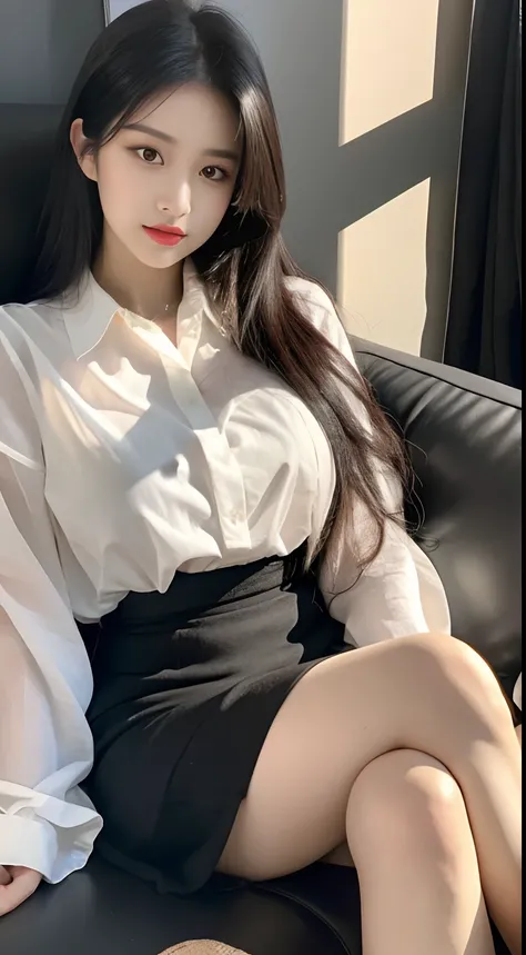 hyper HD，tmasterpiece，Highest high resolution，highest details，lightand shade contrast，A young and beautiful woman，Black hair，beautiful pupil，long eyelasher，Shoot from the perspective of the human eye，Wearing a cream blouse，a skirt，sitting in the couch