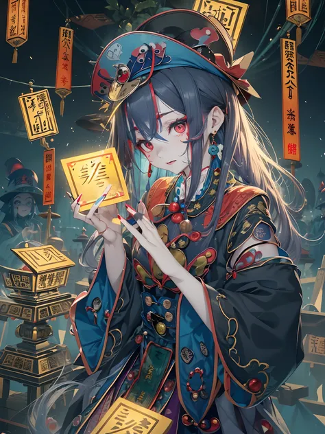 absurderes, (独奏)ultra-detailliert, delicate beautiful face,(jiangshi:1.4), (spells with red letters on yellow),mid night,dark sc...