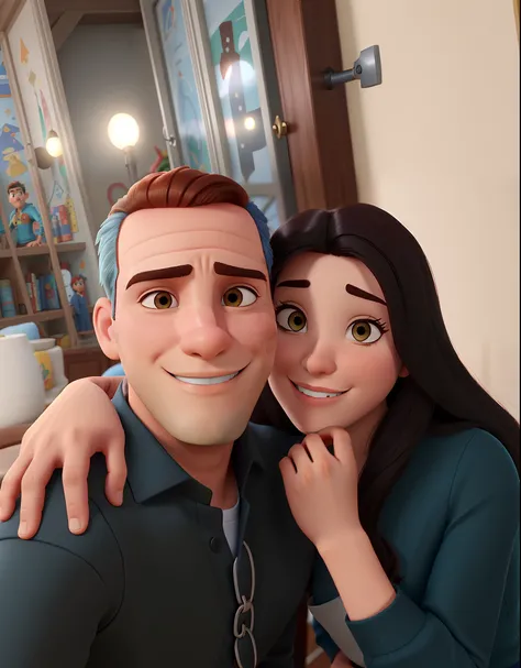 Casal (homem moreno e mulher branca) no estilo Disney Pixar, alta qualidade, melhor qualidade.