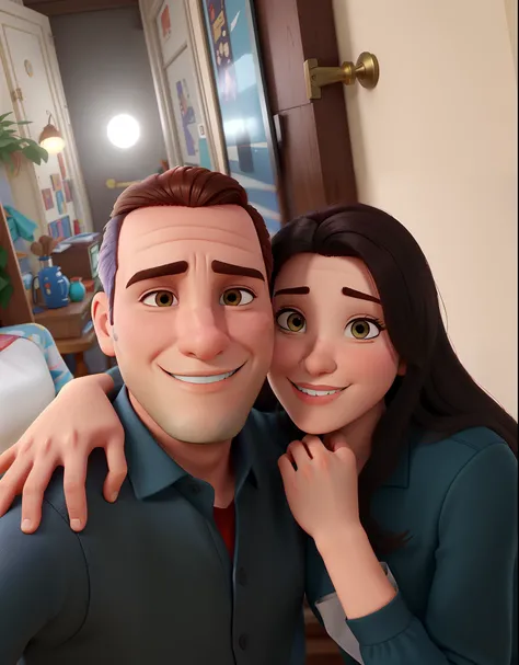 Casal (homem moreno e mulher branca) no estilo Disney Pixar, alta qualidade, melhor qualidade.