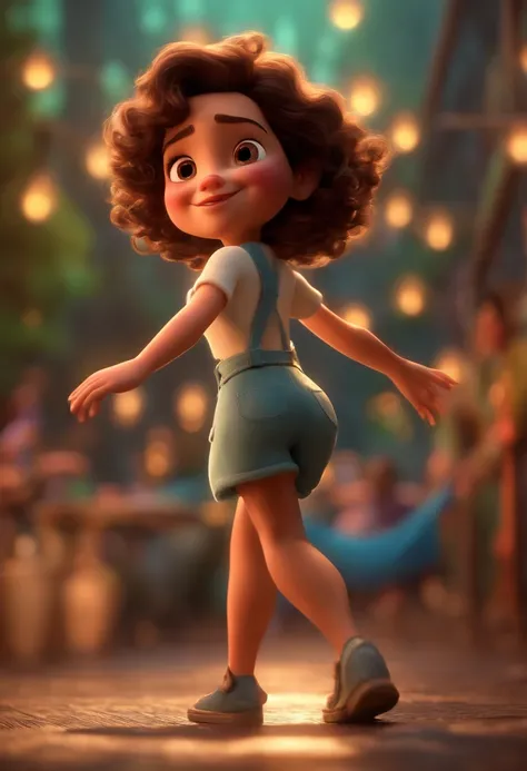 Pixar style image with 3D character brunette woman short curly hair dancing, Maquiagem Disney,Pescador, bonitinho, sorridente ,Close-up, Pixar, Disney, Cinema lighting, tatuagem, piercing no nariz