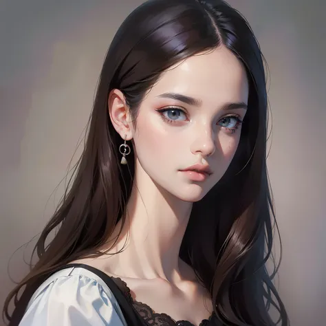 Retrato de uma mulher com cabelo longo e uma camisa preta, digital illustration portrait, No estilo de arte de Bowater, Retrato de Jossi de Blackpink, retrato digital, retrato de arte digital, realismo artstyle, retrato de alta qualidade, 🤤 retrato da meni...