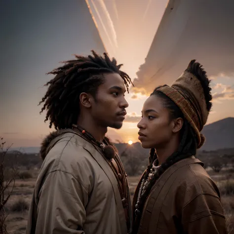 Back side view of  full body shot of african man dressed in ancient african clothes made of hides and fur, looking at the red sky with a face protruding, red sky in shape of a face, giving a grey and white colour grading in the scene, colour grading remini...