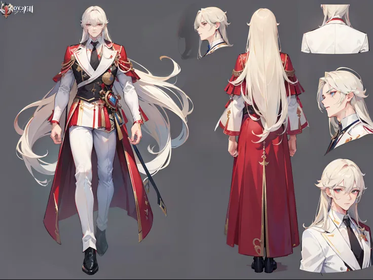 ((Masterpiece, Highest quality)), Male, boy, Detailed face, character design sheet， full bodyesbian, Full of details, frontal body view, back body view, Highly detailed, Depth, Many parts, Muscle boy with white long hair，handsome man, vampire outfit clothe...