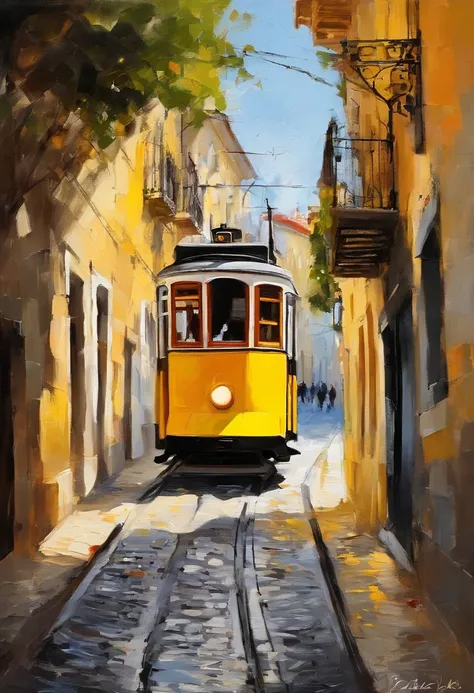 obra prima、qualidade superior、morning、passear。cachorrinho、desenhos requintados e detalhados, yellow tram in the city of Lisbon, ensolarado, rico, elegante, opulento, Abstrato da rua de Lisboa, com luz brilhante、felicidade、Cool morning sun、(spark:0.7) 、pass...