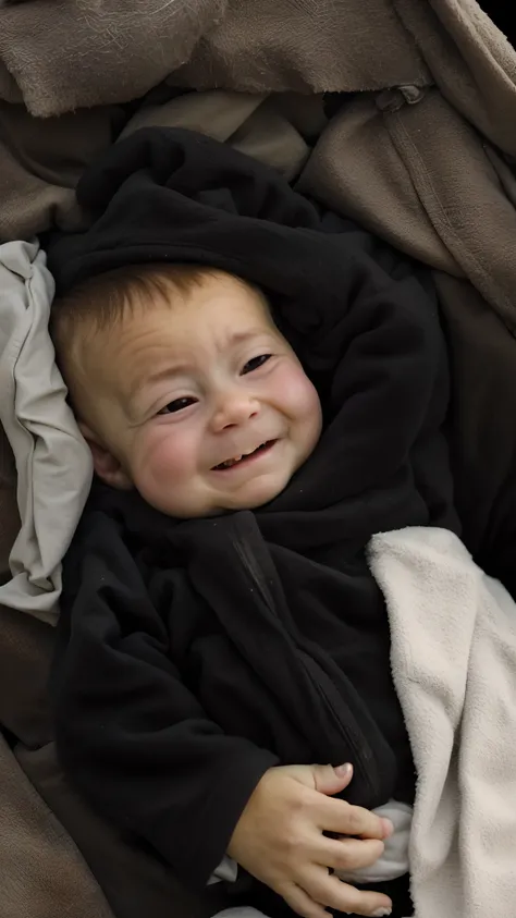 Baby arafed in a black and white robe lying in a stroller, happily smiling at the camera, smiling at camera, sorriso travesso, relaxing and smiling at camera, smiling at camera, sorriso de boas-vindas, quase sorrindo, muito ligeiramente sorridente, smiling...