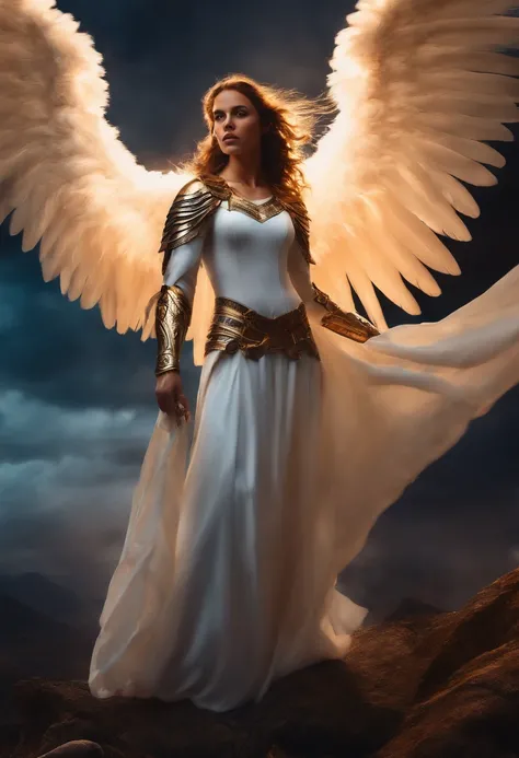 realista, 4k, An angel with big wings, una espada, una capucha sobre su cabeza en la imagen de fondo de una guerra (caos)