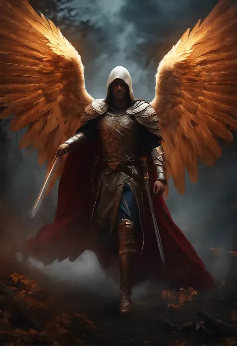 realista, 4k, An angel with big wings, una espada, una capucha sobre su cabeza en la imagen de fondo de una guerra (caos)