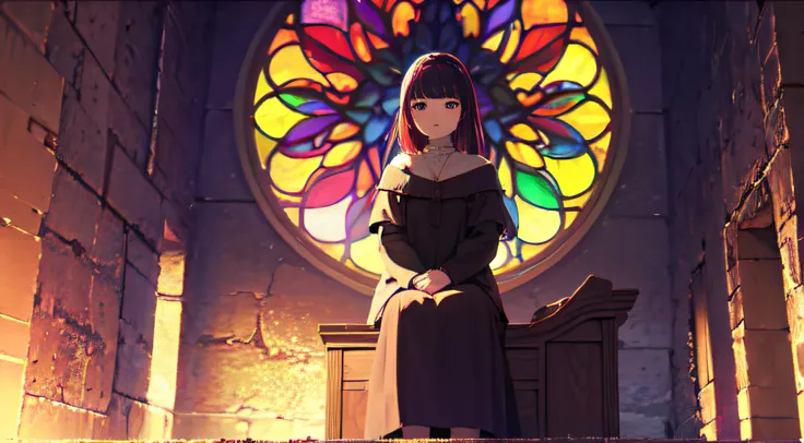 sitting on a catedral, multicolored stained glass on the background, beatiful escene, canddles, 1girl, particles, 4k, hd