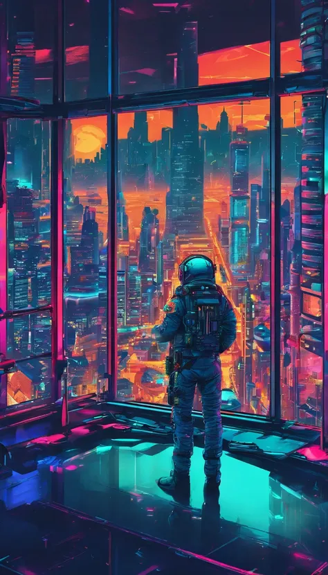 The astronaut looks out the spacecraft window，Large area of windows，Blue tones inside the spacecraft，neonlight，City view from the window