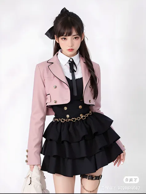 Araffe vestida com uma jaqueta rosa e saia preta com uma bolsa branca, usando jaqueta e saia, Camisa cropped com jaqueta, Gothic jacket, camisa solta colar marinheiro uniforme, black gothic jacket, estilo lolita, magical school student uniform, rosa e pret...