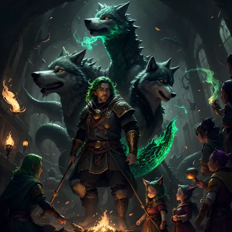 A green-haired dwarf Summoner, black clothes with golden runes, controlling creatures, a wolf and a dragon, magic-controlled mascots with a green magical aura