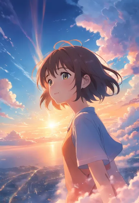 masterpiece, best quality, movie still, 1girl, cloud girl, floating in the sky, close-up, bright, happy, warm soft lighting, sunset, (sparks:0.7)