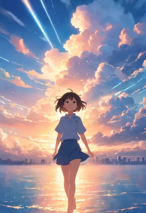 masterpiece, best quality, movie still, 1girl, cloud girl, floating in the sky, close-up, bright, happy, warm soft lighting, sunset, (sparks:0.7)