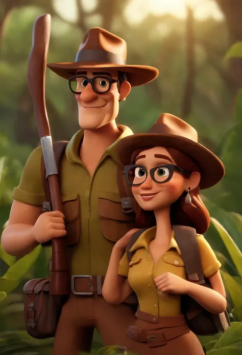 Pixar style character of a couple, the man with black glasses and hat, jovem, barba e cabelos escuros, olhos castanhos escuros, e uma camisa, carregando equipamentos de aventura com mochila nas costas, estilo indiana Jones, a mulher estilo tomb raider, cab...